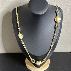Talbots Long Station Faux Pearl Rope Chain Necklace Classy Gold Tone